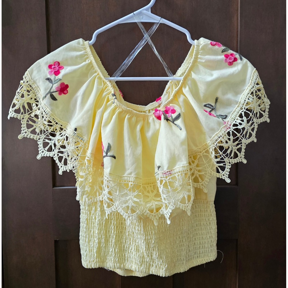 Haute Project LA Floral Embroidered Smocked Off Shoulder Crochet Lace Sz Med